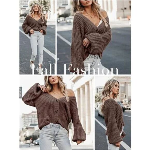 Long Sleeve Button Loose Short Cardigan Outerwear Coats Coffee - Picture 4 of 7